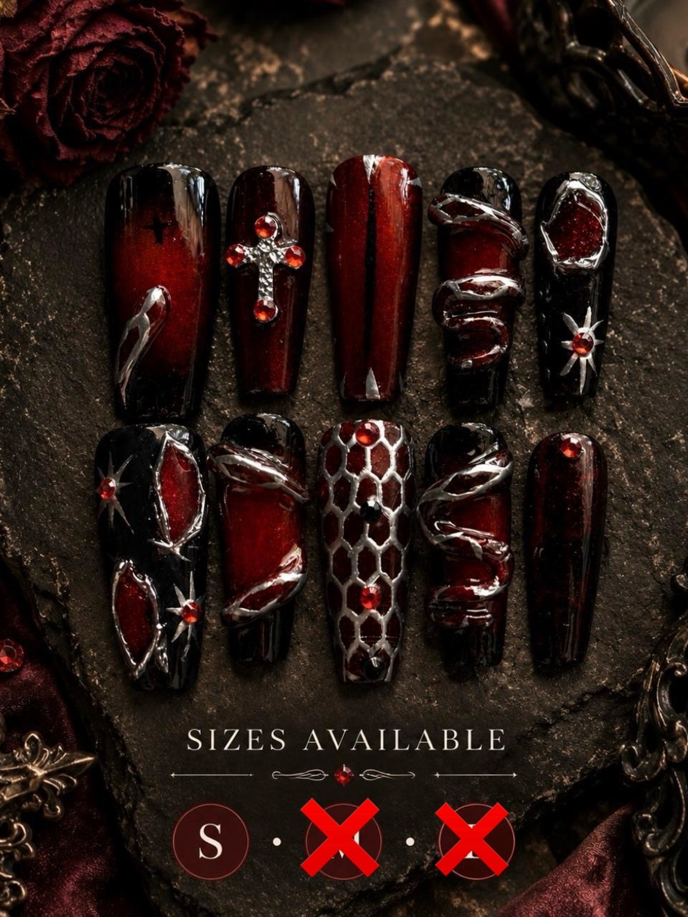 Deep Red & Black Gothic Press-On Nails - Dramatic Jewel Accents